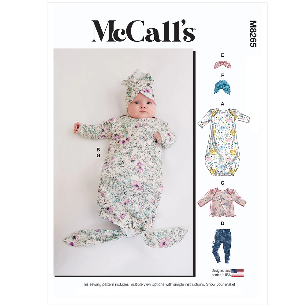 M8265 Infants' Gown, Top, Pants, Headband and Hat(NB-S-M-L-XL)