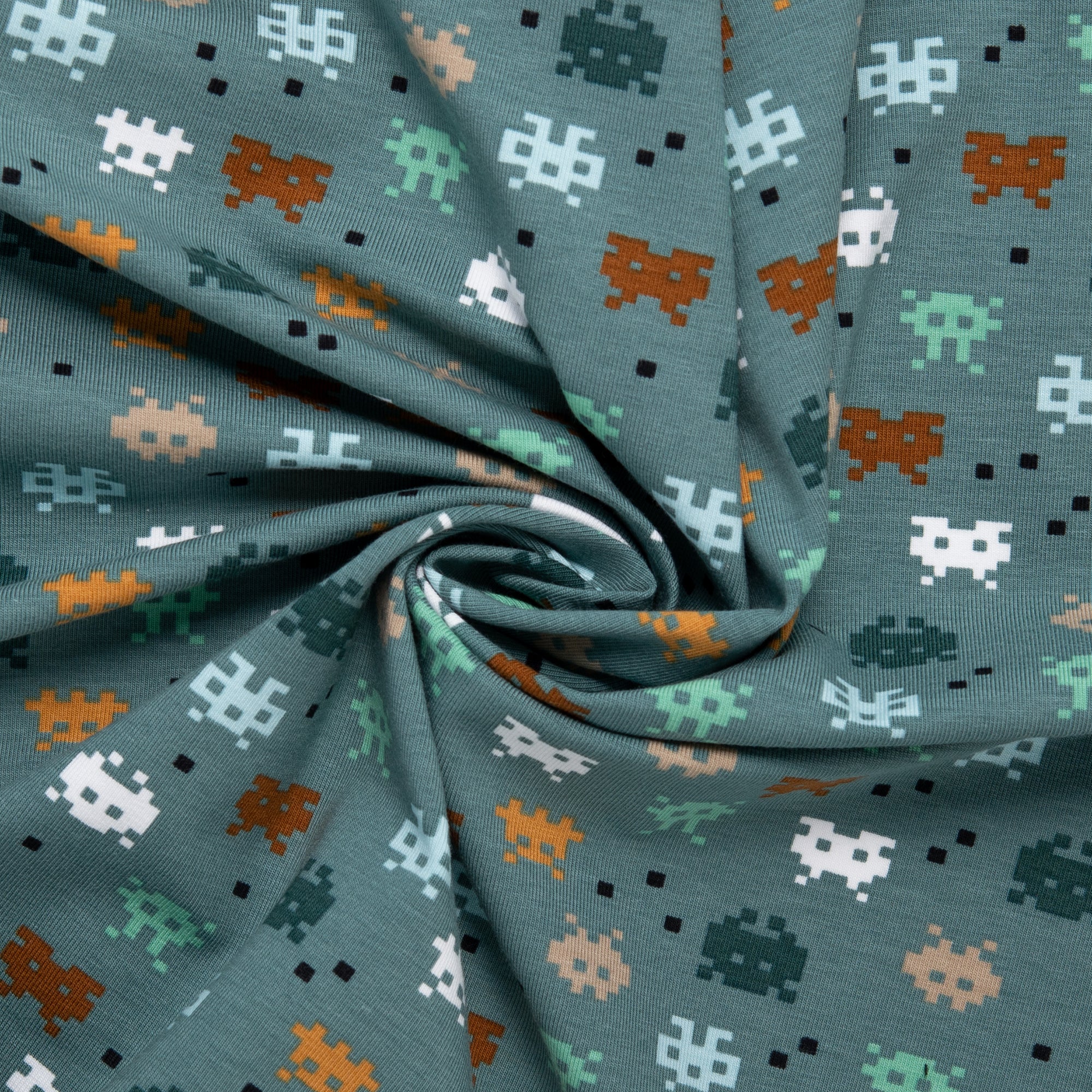 ORGANIC Cotton Lycra Printed Knit - Video game - Teal - Image 2