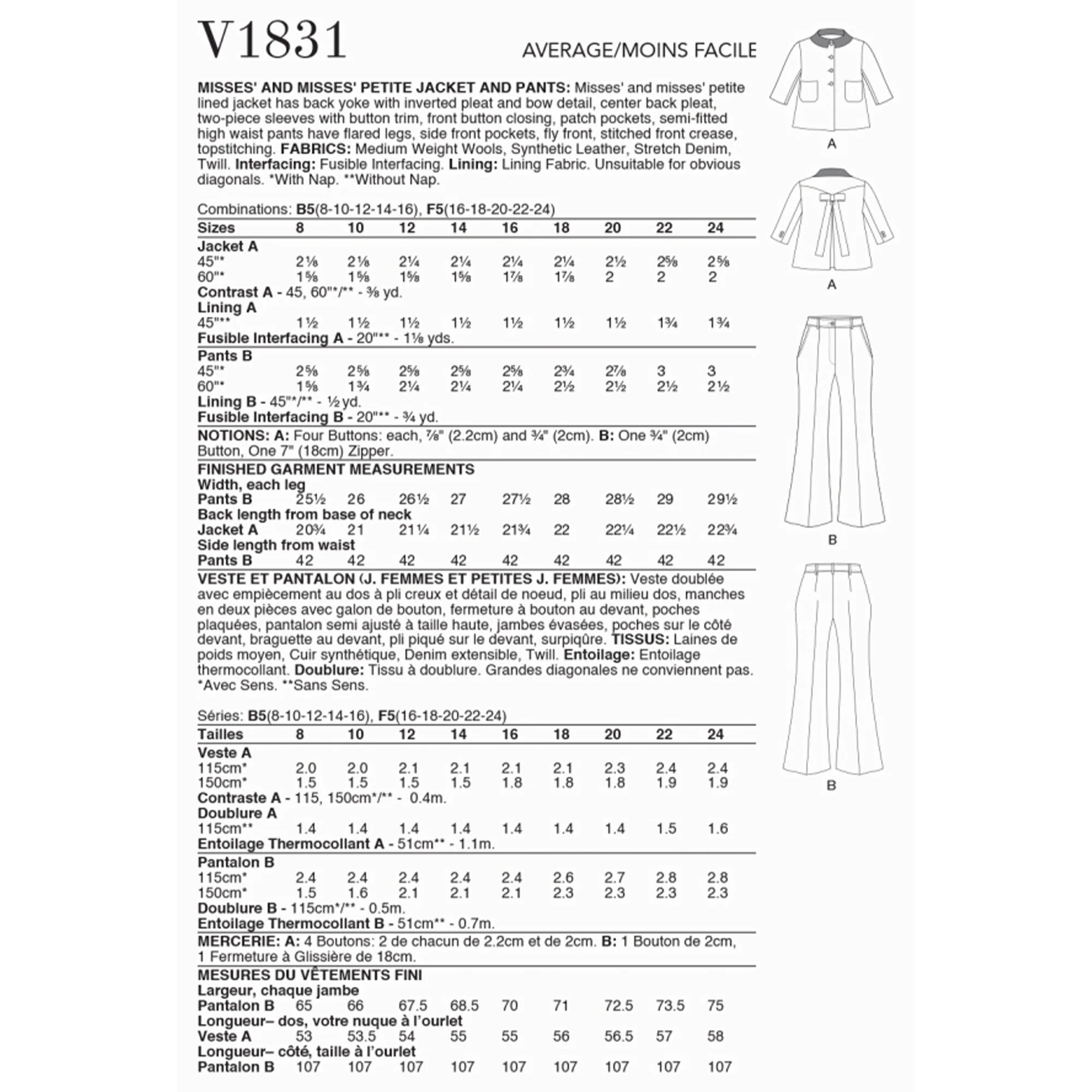 V1831 Misses' and Misses' Petite Jacket and Trousers  (16-18-20-22-24) - Image 2