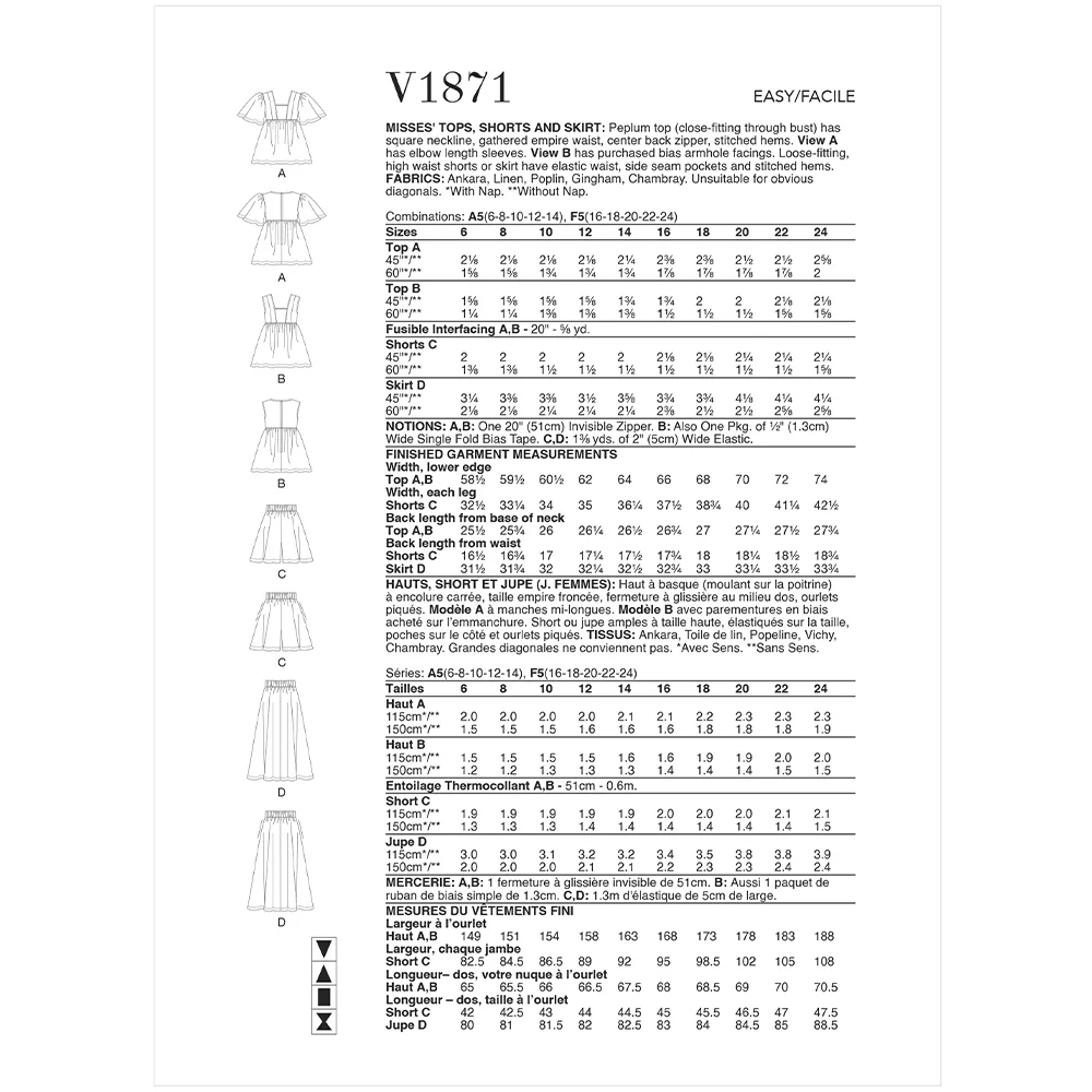 V1871 Misses' Tops, Shorts and Skirt (16-18-20-22-24) - Image 2