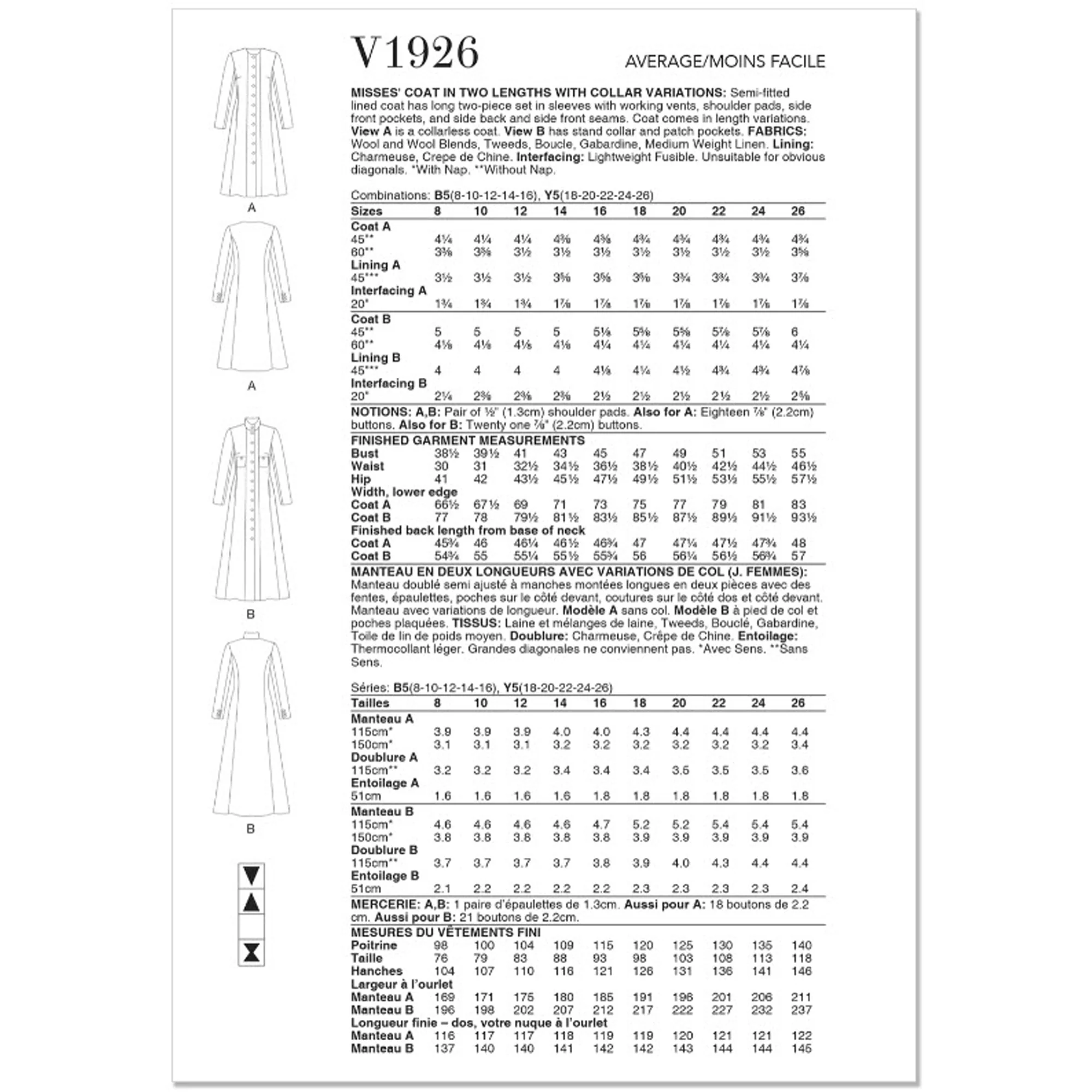 V1926 Misses' Coat in Two Lengths with Collar Variations (18-20-22-24-26) - Image 2
