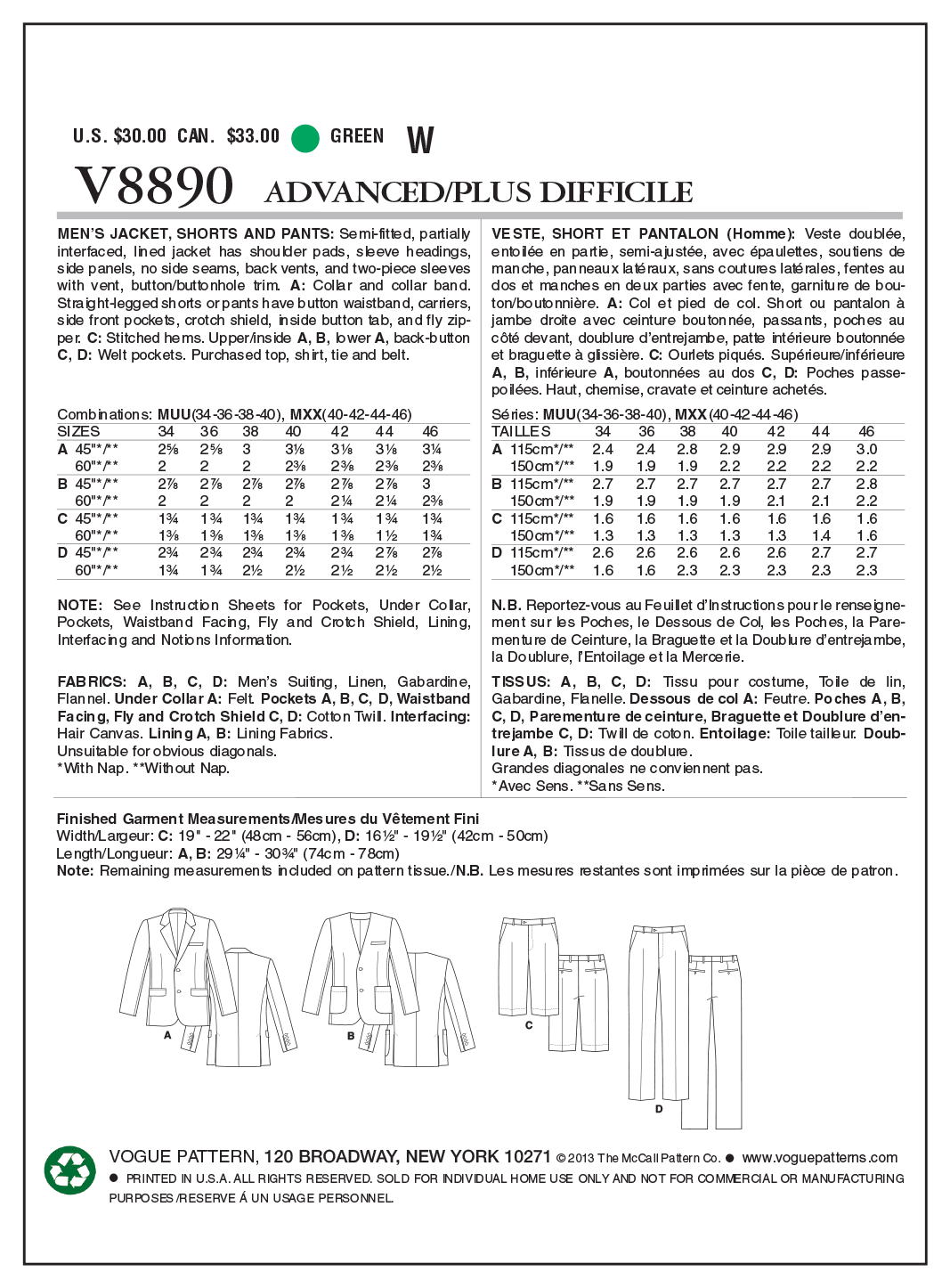 V8890 Men's Jacket, Shorts, and Pants - Mens (Size: MXX (40-42-44-46)) - Image 6